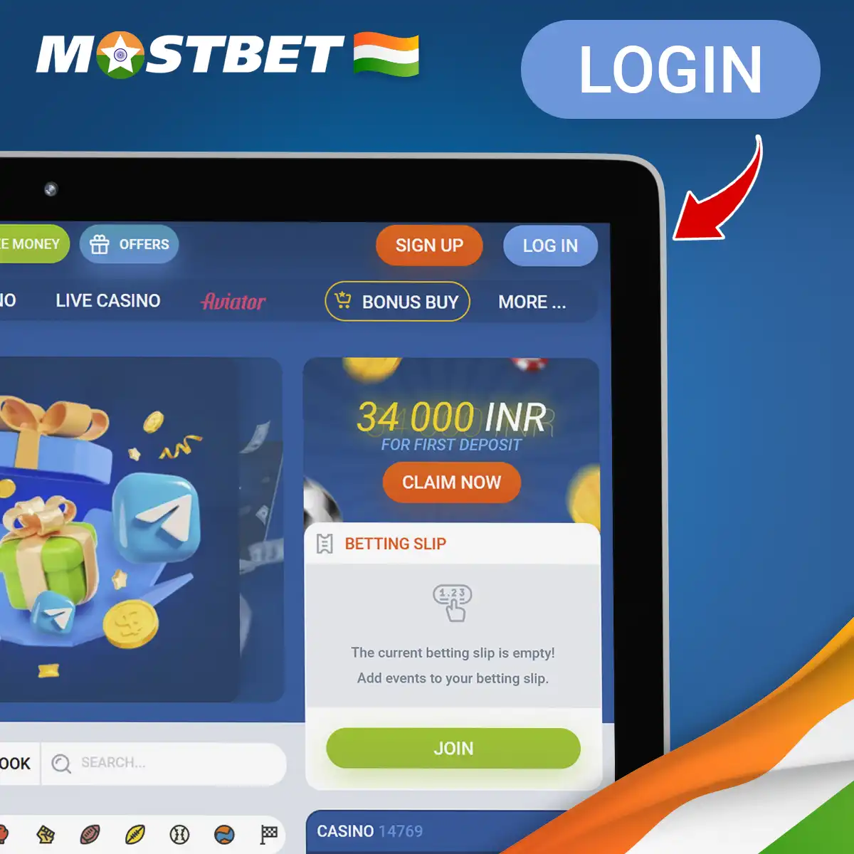 Log in to the Mostbet platform