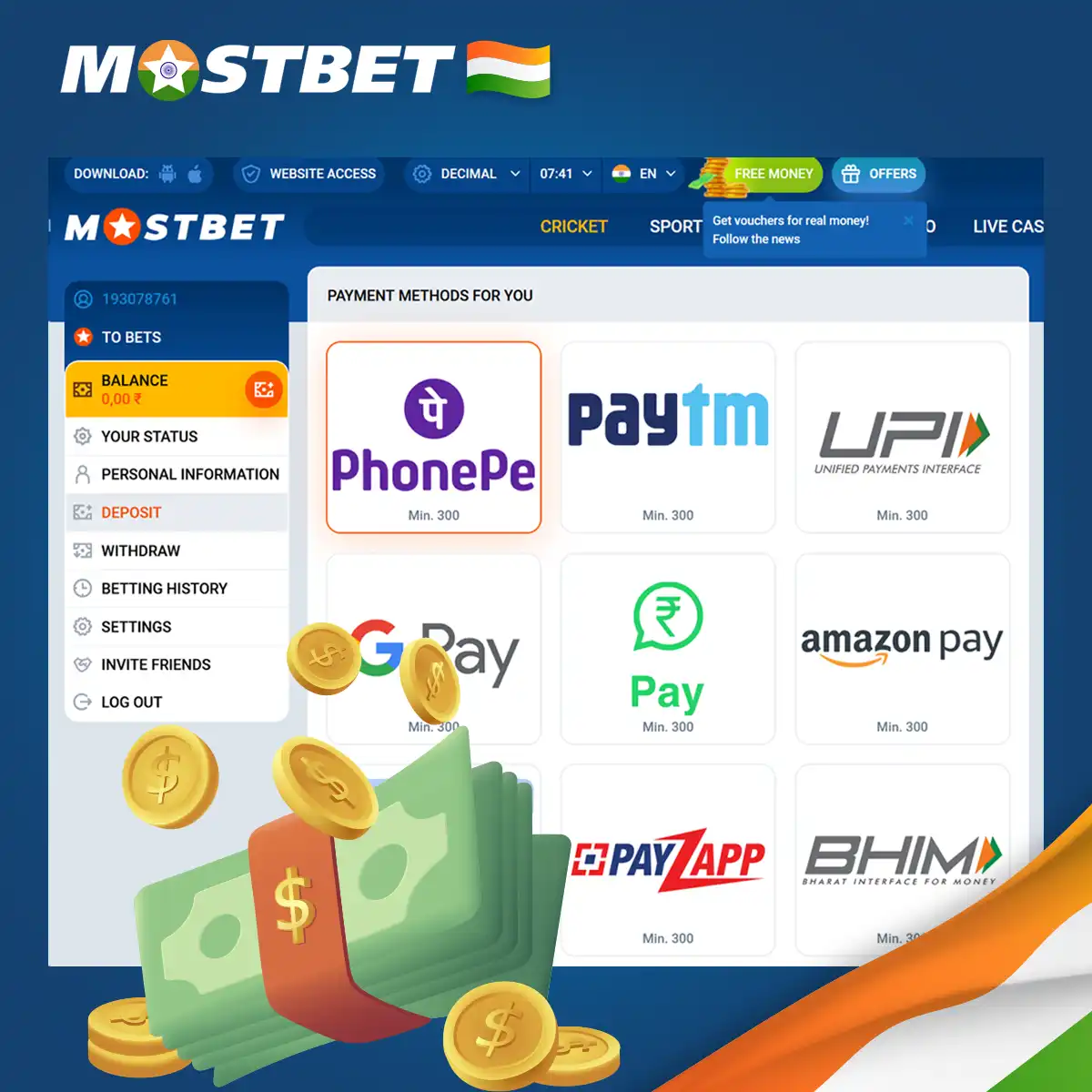 Deposit and Withdrawal Methods at Mostbet India