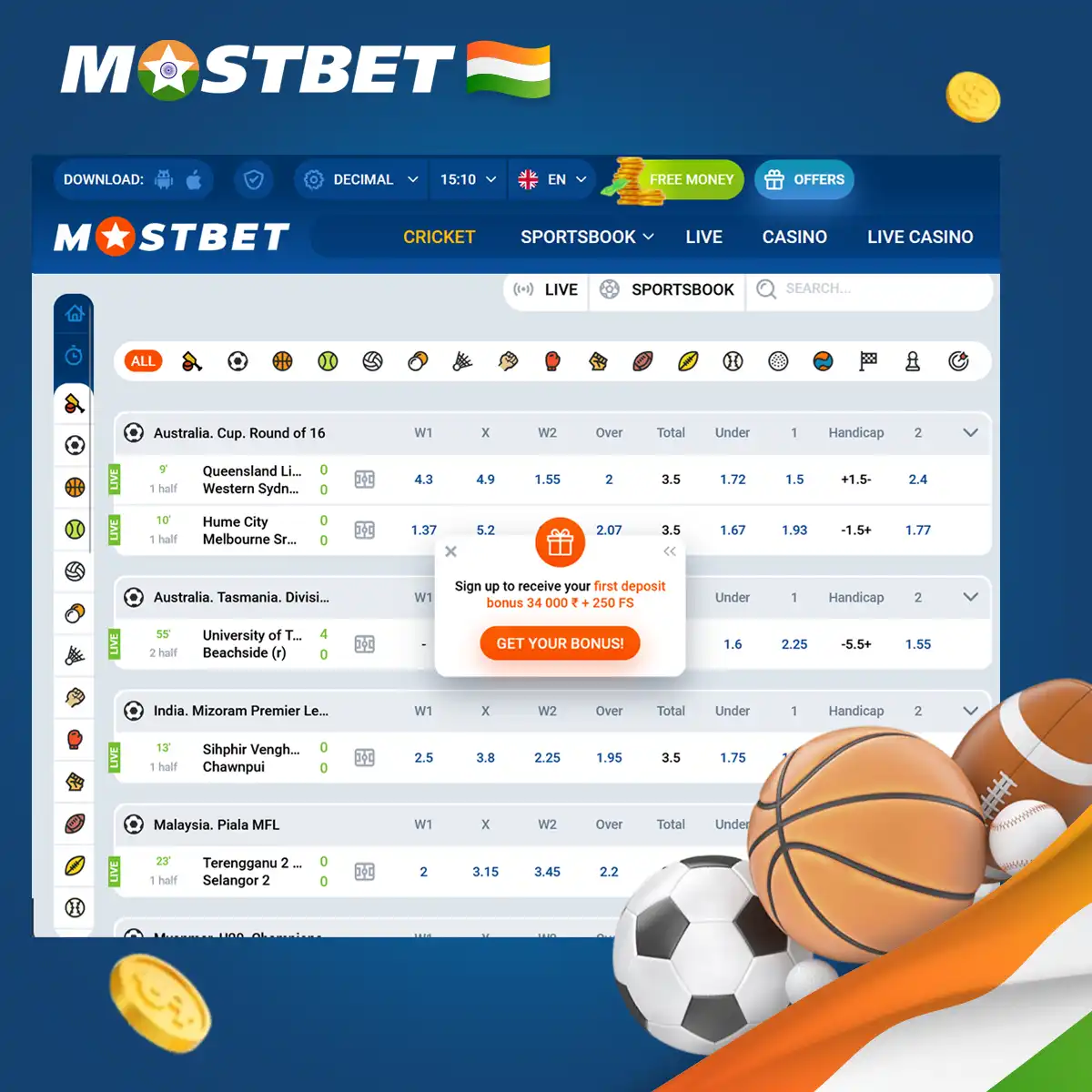 The sports betting page at Mostbet India